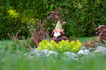 
Low angle selective focus view of cute dewy decorative garden gnome with his hands on his eyes set...