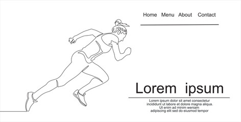 Continuous line drawing. Sport running woman on white background. Vector illustration. Can used for logo, emblem, slide show and banner. Illustration with quote template.