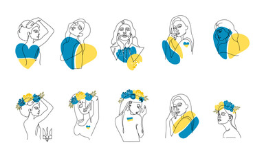 Women in Ukrainian wreaths. Set. Art. The concept of support for Ukraine. Stop war. Support for Ukraine. vector illustration. isolated, line art