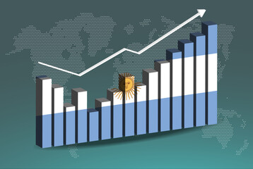 Argentina 3D bar chart graph with ups and downs, increasing values, upward rising arrow on data, news banner idea