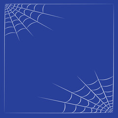Blue Halloween poster with white frame from spider web in corners. Trick or treat. Vector