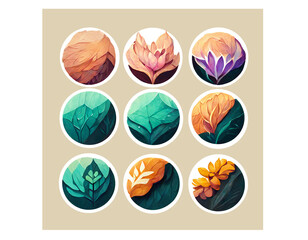 Illustration, set of round icons, floral, logo, art, painting, social media and stories, game art