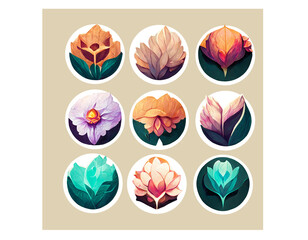 Illustration, set of round icons, floral, logo, art, painting, social media and stories, game art