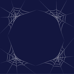 Dark blue Halloween poster with white line frame from spider web in corners. Trick or treat. Vector illustration