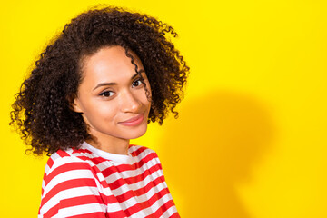 Photo of brunette pretty lady near promo wear red t-shirt isolated on vivid yellow color background