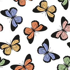 Colorful butterflies seamless pattern with white background. 