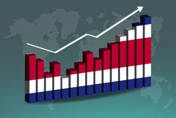 Costa Rica 3D bar chart graph with ups and downs, increasing values, upward rising arrow on data, news banner idea