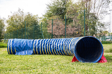 Area equipped for dog training. Dog training in a fenced area..Obstacle courses with tunnels, steep ramp, slides, poles and high jump.