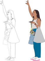 Successful young woman in trendy clothes catches a taxi on the road and holds a smartphone while standing on the street. roadside hitchhiking. Business on the go concept. Fictional character