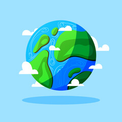 Earth planet with clouds vector cartoon illustration isolated on blue background.