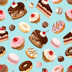 Seamless pattern with cakes, cupcakes, macaroons, donuts, candies, and other sweets on a blue background. Vector illustration