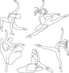 Set of ballet poses, silhouettes of ballerinas. One line drawing illustration of sexy ballerina woman. Minimalist pretty ballet dancers demonstrate dance move concept.