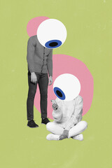 Vertical collage picture of two people black white gamma huge eye instead head use telephone...