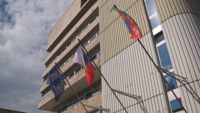 Flag of Czech republic, European union and Ustecky kraj region on local government building