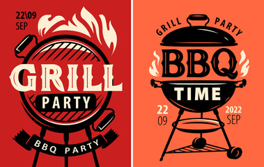 BBQ cookout flyer or poster template design set. BBQ time. Grill party. Food concept, retro vector illustration - obrazy, fototapety, plakaty