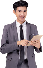 Portrait young asian business man in suit standing using tablet computer to internet isolated png...
