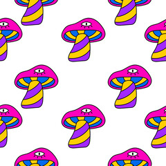 Psychedelic mushrooms seamless pattern. Trippy seamless background with hallucination mushrooms