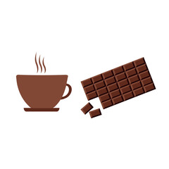 A cup of coffee and a bar of chocolate on a white background. Vector illustration in a flat style