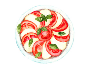 Plate with mozzarella cheese, tomatoes and basil leaves