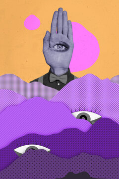 Magazine collage of unusual person with hand instead head all seeing eyeball isolated on colorful draw background