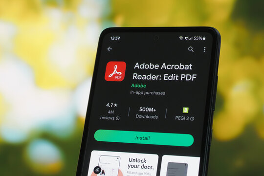 Galati, Romania - July 11, 2022: Adobe Acrobat Reader application available on Google Play Store for Android