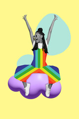 Vertical collage picture of excited positive girl black white gamma wear painted rainbow cloth sit...