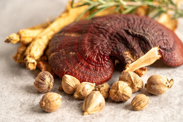 Ginseng and lingzhi mushroom , dried vegetable herb. Healthy food.