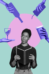 Vertical collage picture of minded person black white gamma hold read book people arms hold different drinks distract