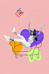 Collage 3d image of pinup pop retro sketch of funny funky lady enjoying home cinema cozy couch sofa...