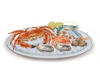 crabe , fruits de mer, crevette, langoustine, crustacé, des huitres, bulots, balourd, crevette rose, crevette grise, crevette d'eau douce, langoustine, plateau, glace pilé, bistro, fraîcheur, bon viva
