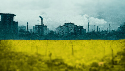 Fototapeta na wymiar War in Ukraine concept art painting, ruined city, destroyed buildings, heavy atmosphere, 3d rendering