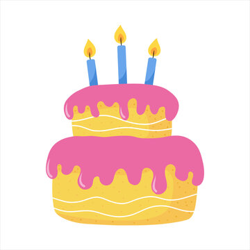 Cartoon cake. Colorful delicious birthday cake with celebration candles. Vector illustration isolated on white background