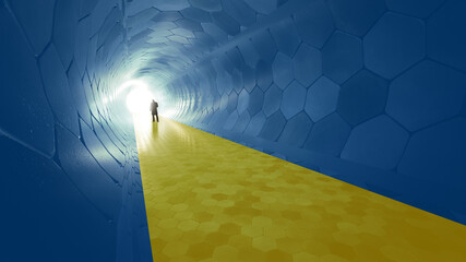 Fototapeta premium Concept or conceptual blue and yellow tunnel, the Ukrainian flag colors, with a bright light at the end as metaphor to hope and faith. A 3d illustration of a black silhouette of walking man to freedom