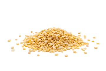 Pile of peeled mung beans isolated on white background