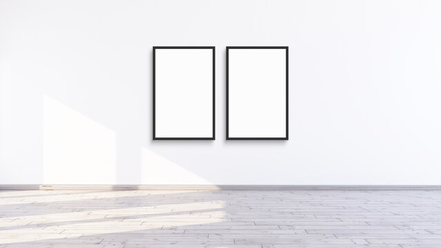 Two empty vertical black frame mock up in a white interior room design with wooden oak floor, 2 empty modern frames for gallery wall mockup, 3d illustration white wall interior render artwork.