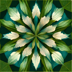 Abstract green leaves kaleidoscope pattern background