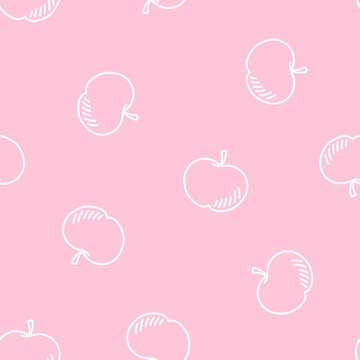 Pink seamless pattern with white hand drawn apples.