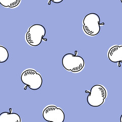 Purple seamless pattern with white  hand drawn apples.