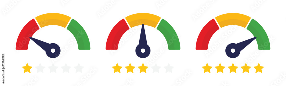 Poster Gauge rating level of satisfaction with stars vector set illustration.