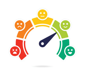 Feedback satisfaction gauge illustration. Emotion levels scale ratings with emoji vector icon.