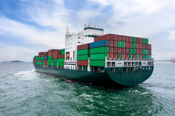 rear view of container ship logistics goods transportation import and export International by container cargo ship in the ocean, global business and industry service transportation of good by sea