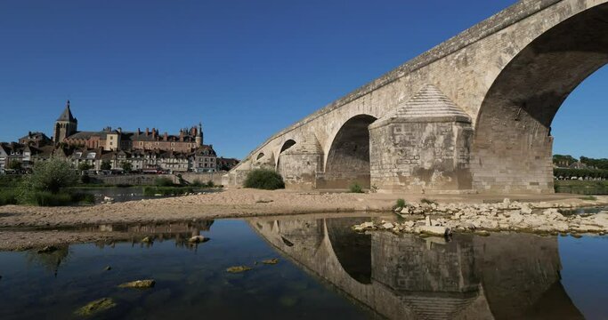 Gien, Loiret department, France. Low level in the Loire river during a dryness season.