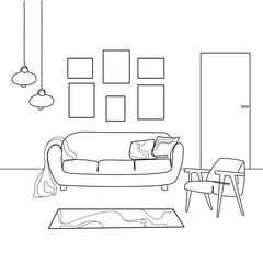Minimalistic living room interior line art sketch drawing with a sofa, armchair, empty frames on the wall and chandeliers.Modern furniture.Modern interior design,black white sketch.Vector illustration