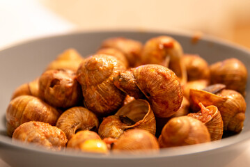 Forest snails cooked with tomato sauce. Delicious poor dish, typical of southern Europe, with Escargot (Helix Aspersa) prepared with tomato sauce. Tender flesh, rich with proteins and unsaturated fats