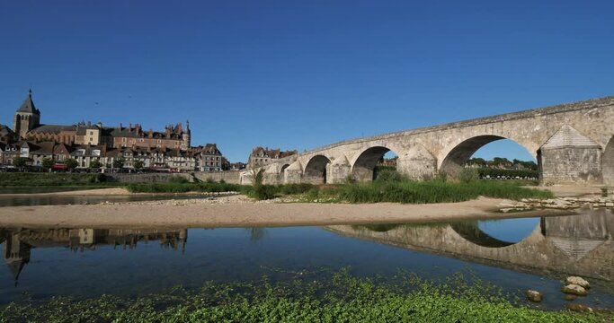 Gien, Loiret department, France. Low level in the Loire river during a dryness season.