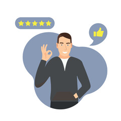 Happy cartoon man gives 5 stars. Customer feedback, best quality, excellence, high performance rating, positive rating.