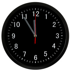 Black clock showing five minutes to twelve, isolated on transparent background