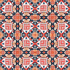 Navy blue red azulejos tile style banana fashion scarf print. Seamless pattern in coastal living maritime style design. Modern abstract cotton linen effect fabric background. 