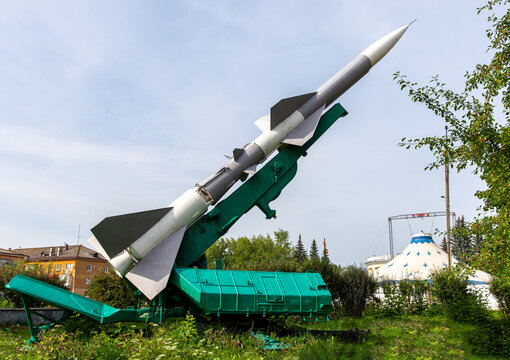 Defense forces weapon. Antiaircraft missles rocket with warhead aimed to the sky