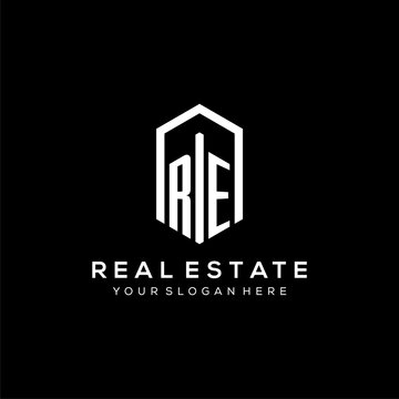 Letter RE logo for real estate with hexagon icon design